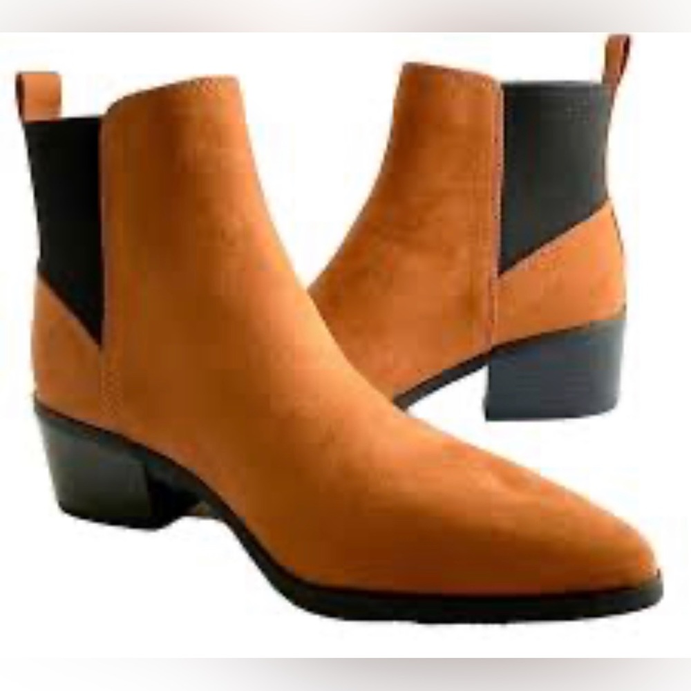 Cognac Slip On Ankle Boot, Pointed Toe, Stacked Heel, Flocked A New Day 8